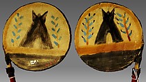 Disc Rattle, Wood, hide, pebble, polychrome, Native American (Apache or Siouan?)